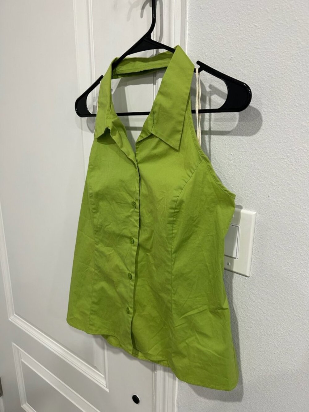 Herman Geist Womens Lightweight Green Halter Button Up Collar Top Retro Chic - Picture 3 of 8